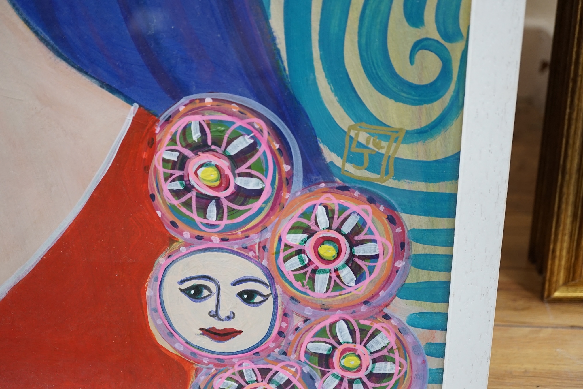 Contemporary gouache, Stylised portrait of a woman, monogrammed L.J. and dated '14, 81 x 58cm. Condition - good